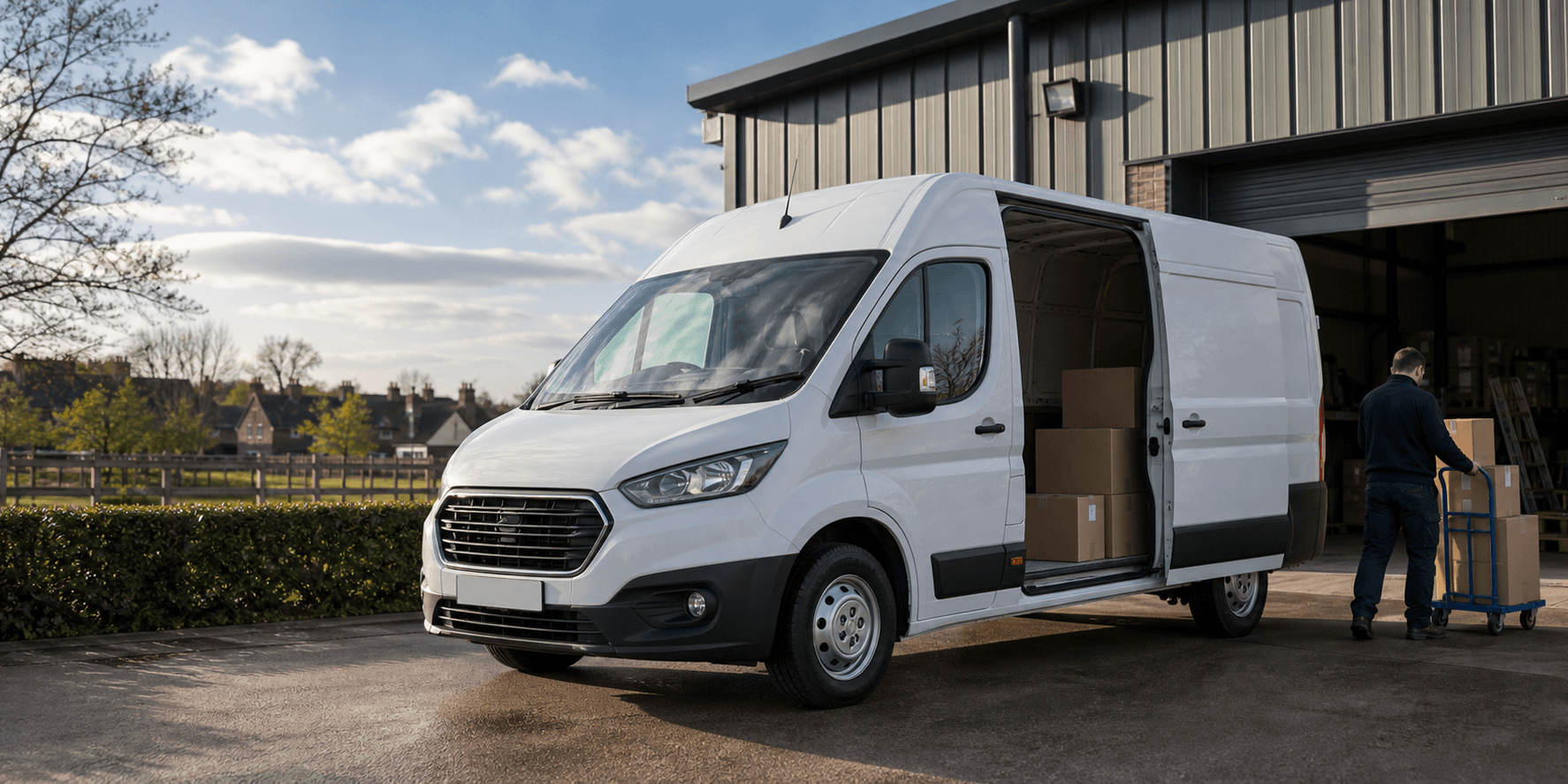 Modern self-drive rental van ready for loading in Bourn